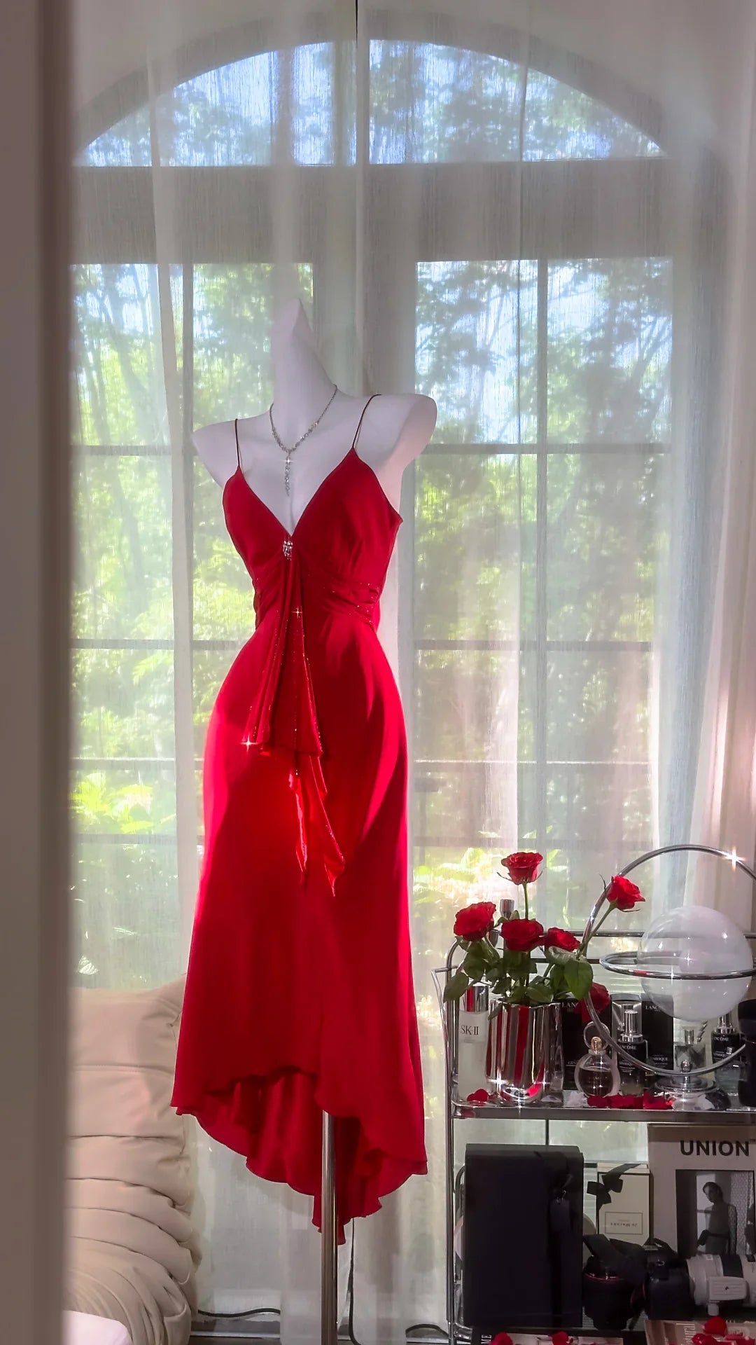 Pretty Red V Neck Chiffon Spaghetti Straps Mermaid Evening Dress Prom Dress With Asymmetrical Hem