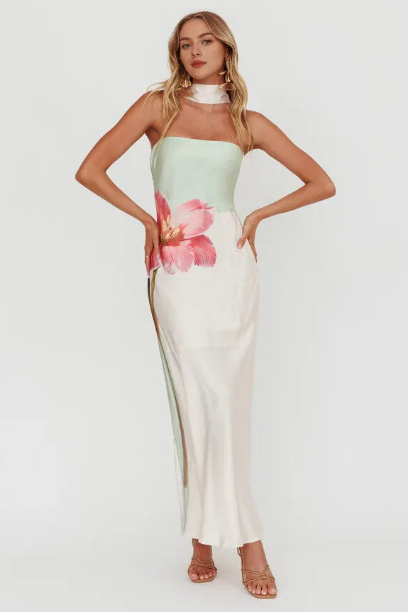 Pretty Reverse Halter Streamer Flower Green Maxi Homecoming Dress Prom Dress