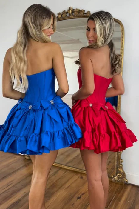 Pretty Royal Blue Puffy Bow Tie Strapless Beaded A Line Short Homecoming Dress With Bows
