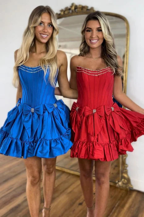 Pretty Royal Blue Puffy Bow Tie Strapless Beaded A Line Short Homecoming Dress With Bows