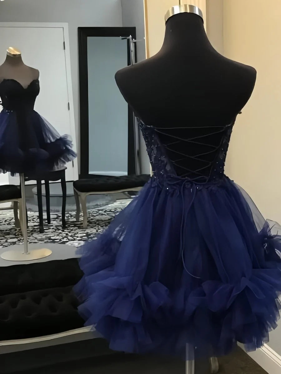 Pretty Royal Blue Tulle Beaded A-Line Sweetheart Neck Ruffle Homecoming Dress With Appliques