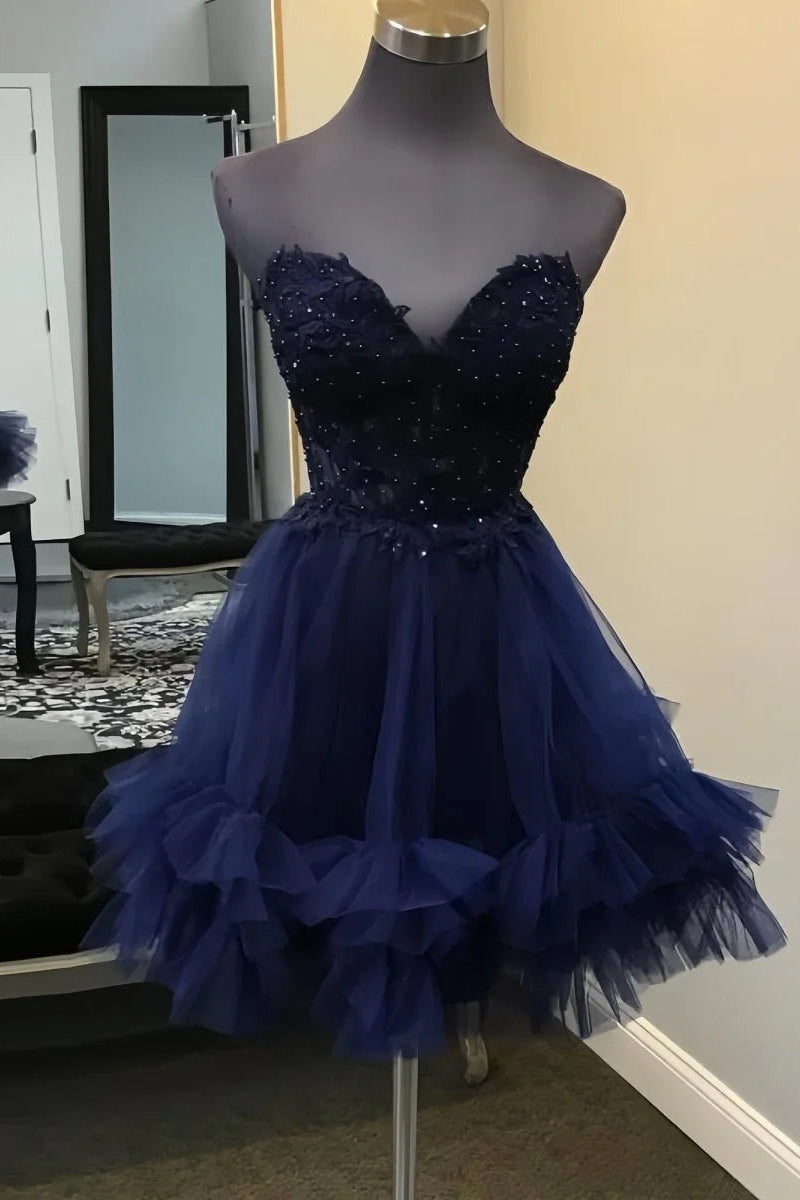 Pretty Royal Blue Tulle Beaded A-Line Sweetheart Neck Ruffle Homecoming Dress With Appliques