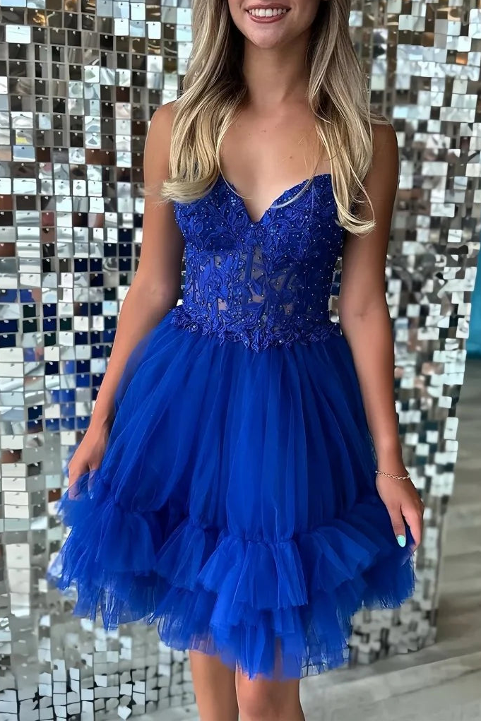 Pretty Royal Blue Tulle Beaded A-Line Sweetheart Neck Ruffle Homecoming Dress With Appliques