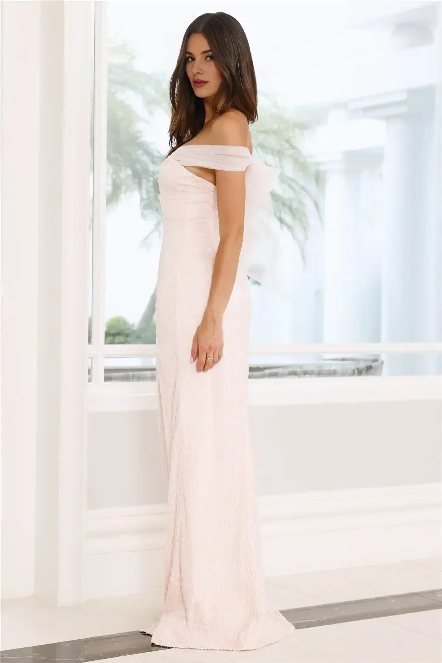 Pretty Shiny Off Shoulder Mesh Sequins Pink Maxi Evening Dress With Tie Back