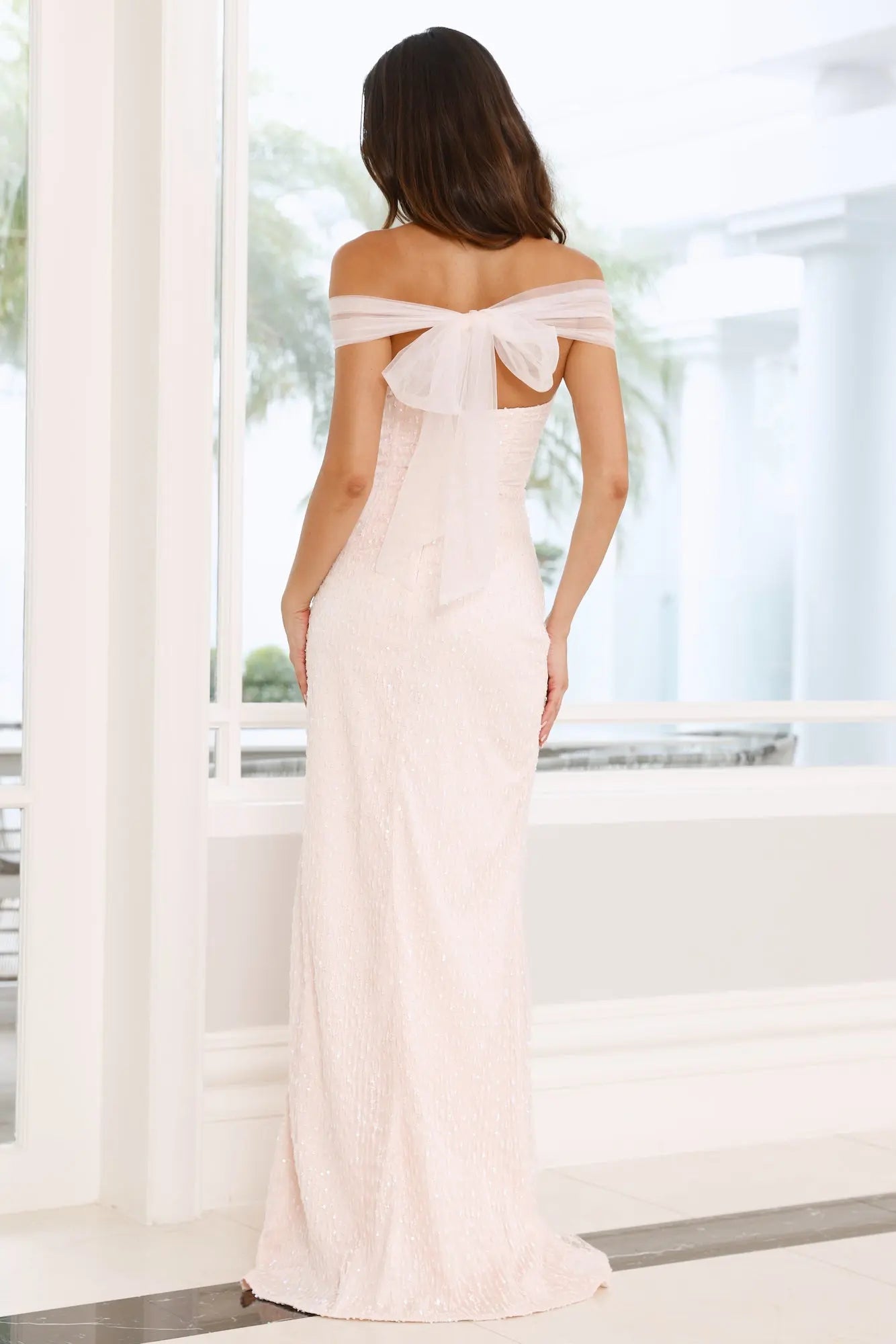 Pretty Shiny Off Shoulder Mesh Sequins Pink Maxi Evening Dress With Tie Back