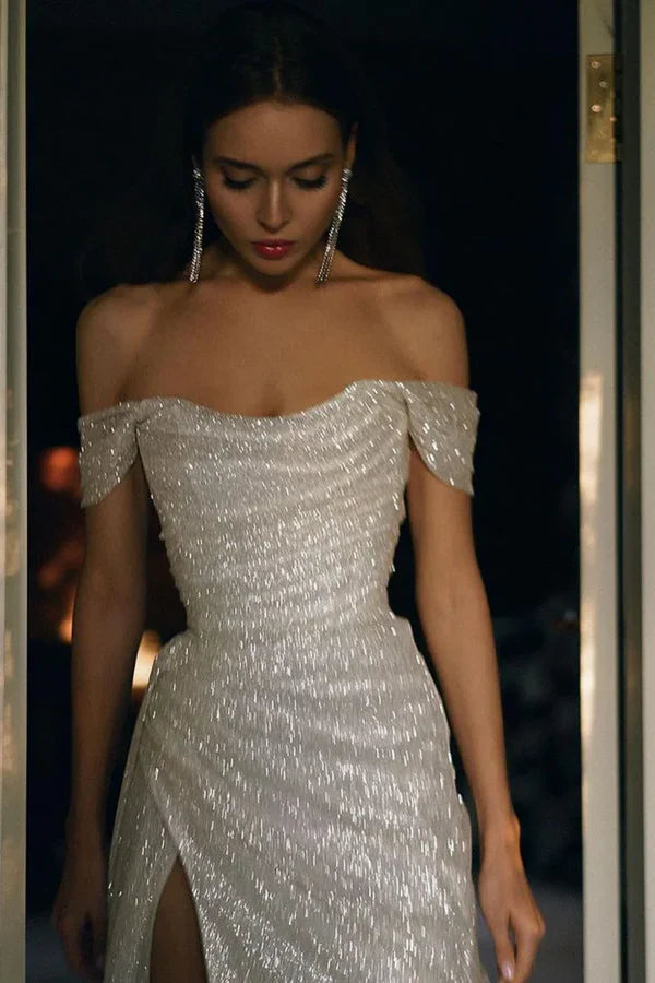 Pretty Silver Sequins Off the Shoulder Mermaid High Slit Long Prom Dress Hot Sale Party Dresses For Ladies