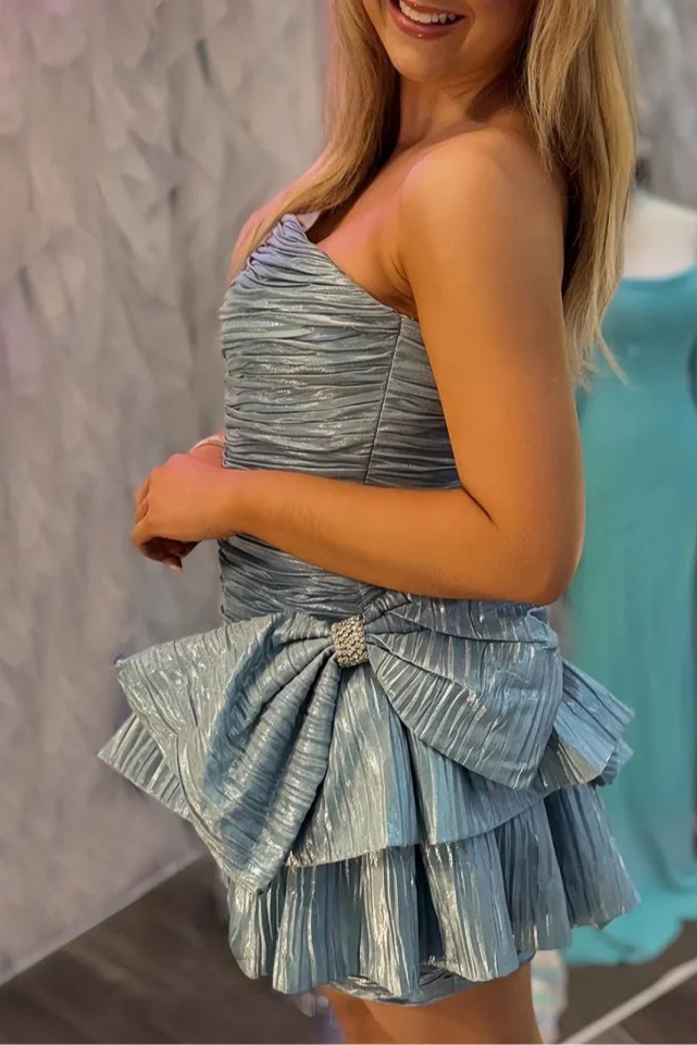 Pretty Sky Blue Satin Pleated A Line Strapless Tiered Short Homecoming Dress With Bow