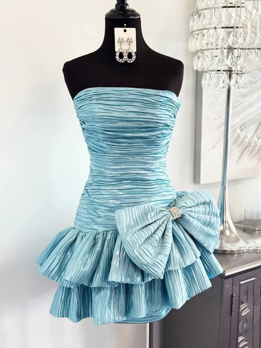 Pretty Sky Blue Satin Pleated A Line Strapless Tiered Short Homecoming Dress With Bow
