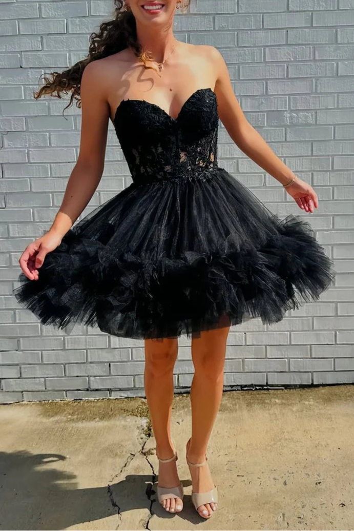 Pretty Sky Blue Tulle Beaded A-Line Sweetheart Neck Ruffle Homecoming Dress With Appliques