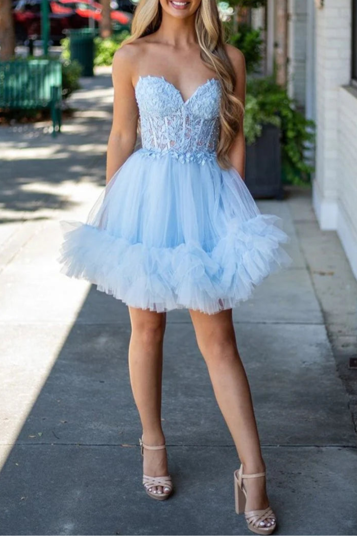 Pretty Sky Blue Tulle Beaded A-Line Sweetheart Neck Ruffle Homecoming Dress With Appliques