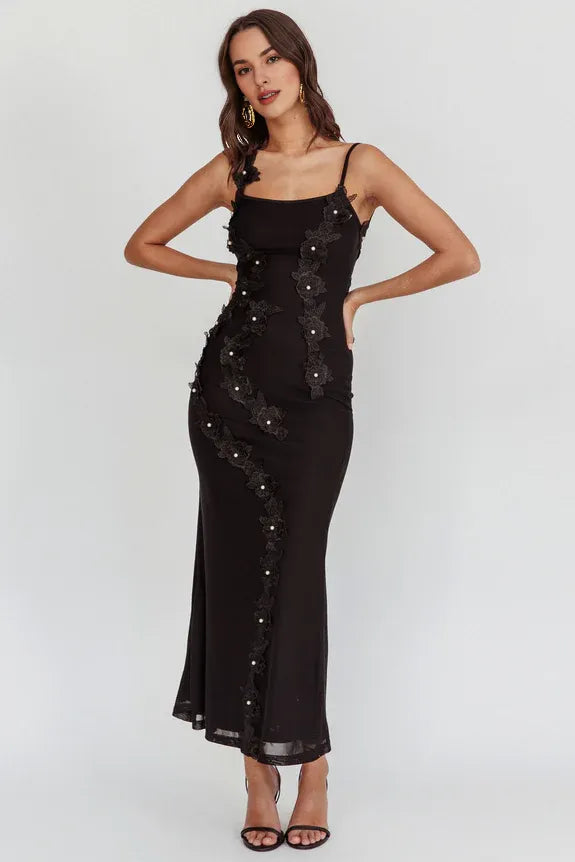 Pretty Spaghetti Straps 3D Floral Applique Pearl Black Maxi Evening Dress