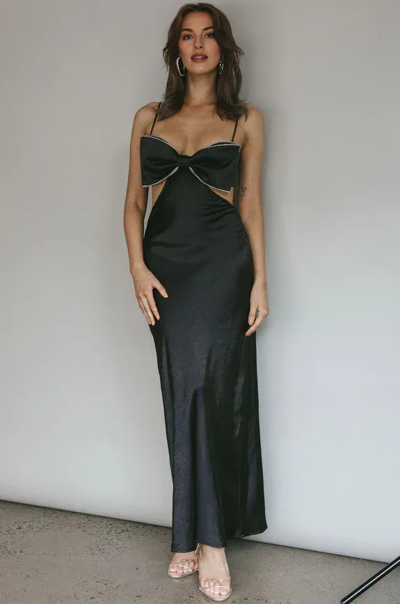 Pretty Spaghetti Straps Diamante Bow Cut-out Black Maxi Evening Dress