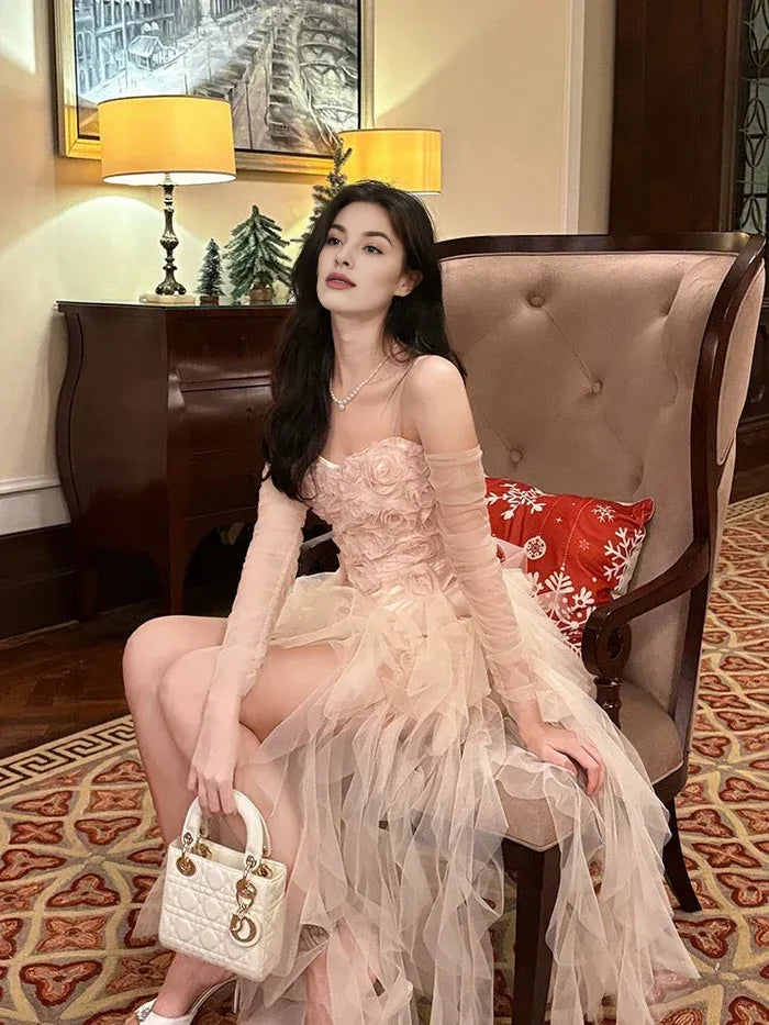 Pretty Spaghetti Straps Floral Tulle Pink Prom Dress With Asymmetrical Hem