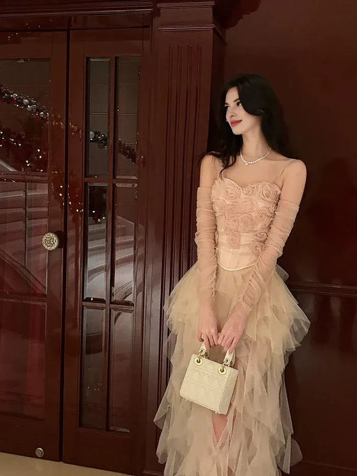 Pretty Spaghetti Straps Floral Tulle Pink Prom Dress With Asymmetrical Hem