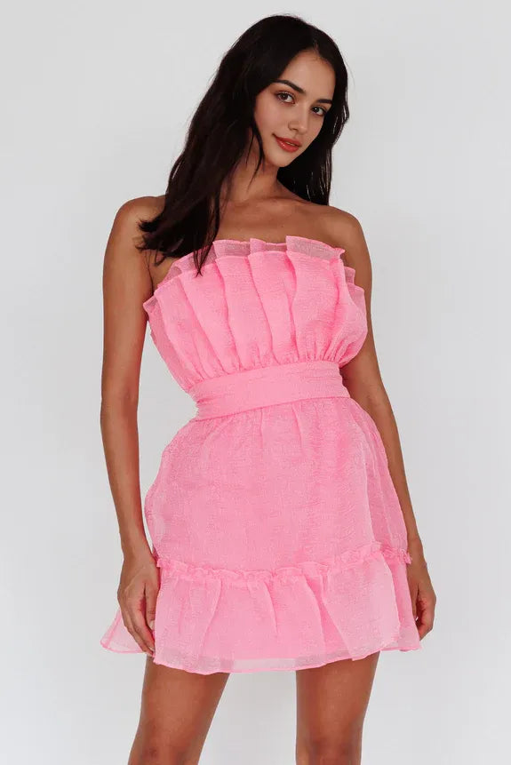 Pretty Strapless Frill Hem Peony Pink Mini Homecoming Dress For Ladies