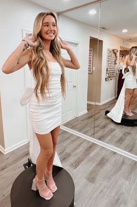 Pretty Strapless Ruched Satin Bowknot Homecoming Dress With Streamer Short Party Dress