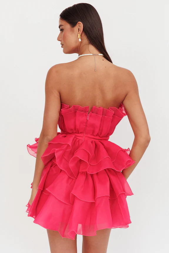 Pretty Strapless Ruffle Tiered Chiffon Fuchsia Mini Homecoming Dress Hot Sale