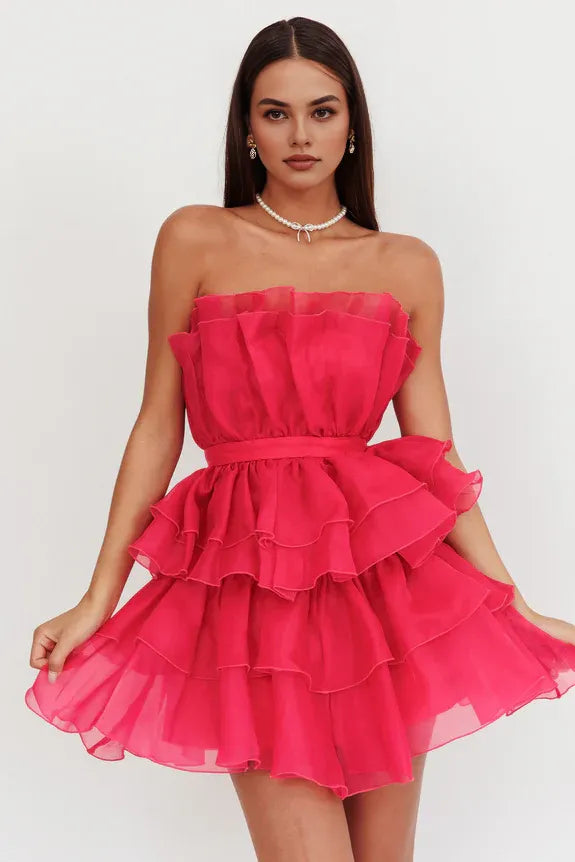 Pretty Strapless Ruffle Tiered Chiffon Fuchsia Mini Homecoming Dress Hot Sale