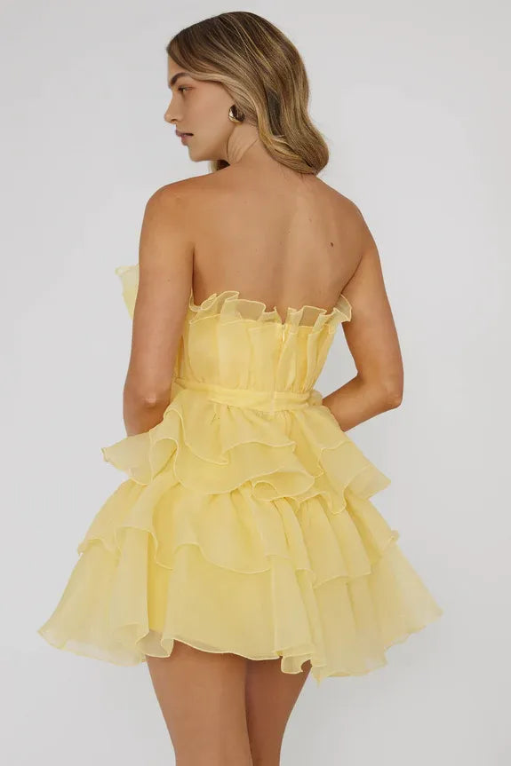 Pretty Strapless Ruffle Tiered Chiffon Yellow Mini Homecoming Dress Hot Sale