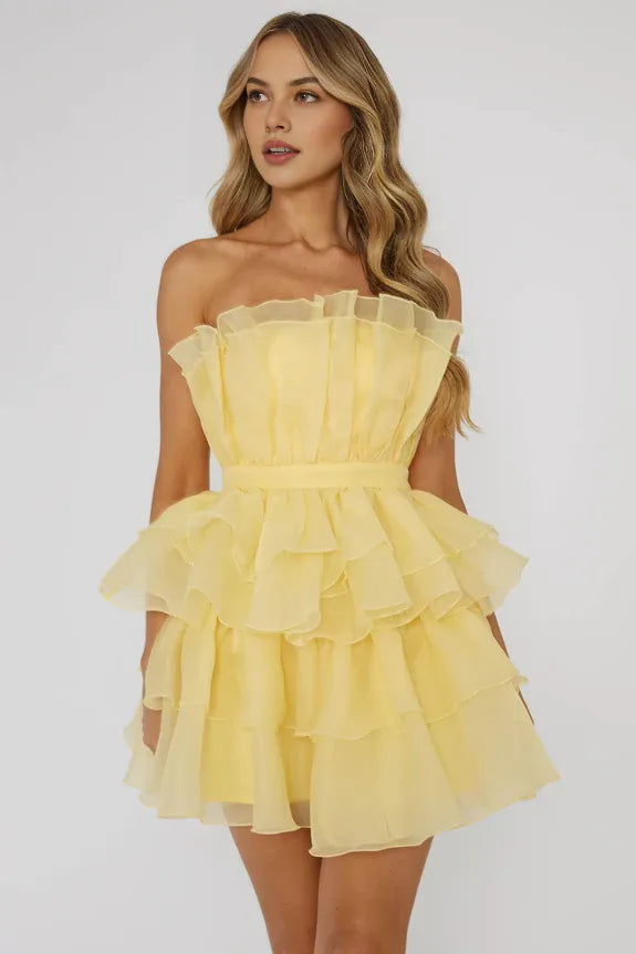Pretty Strapless Ruffle Tiered Chiffon Yellow Mini Homecoming Dress Hot Sale