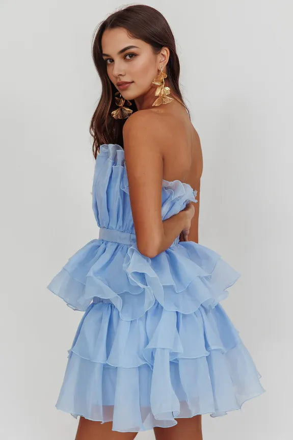 Pretty Strapless Ruffle Tiered Chiffon Baby Blue Mini Homecoming Dress Hot Sale