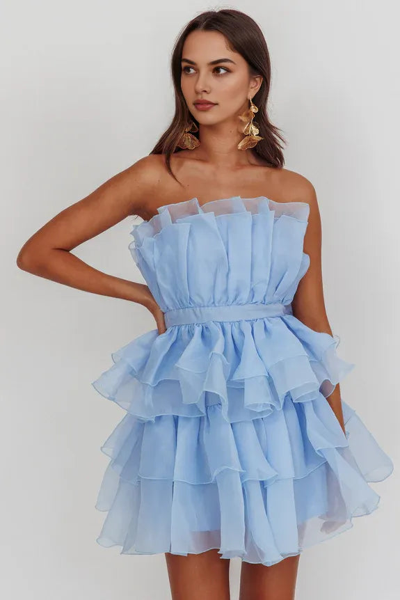 Pretty Strapless Ruffle Tiered Chiffon Baby Blue Mini Homecoming Dress Hot Sale