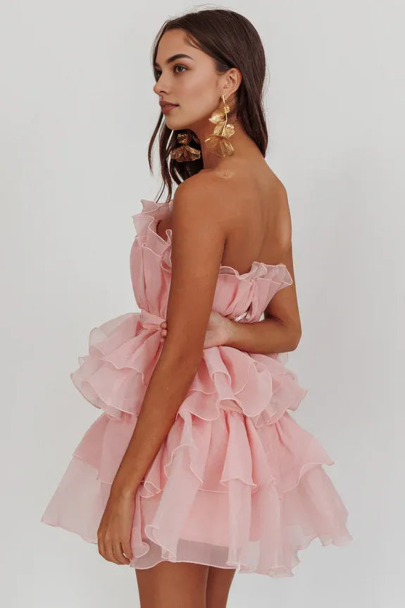 Pretty Strapless Ruffle Tiered Organza Blush Mini Homecoming Dress Hot Sale