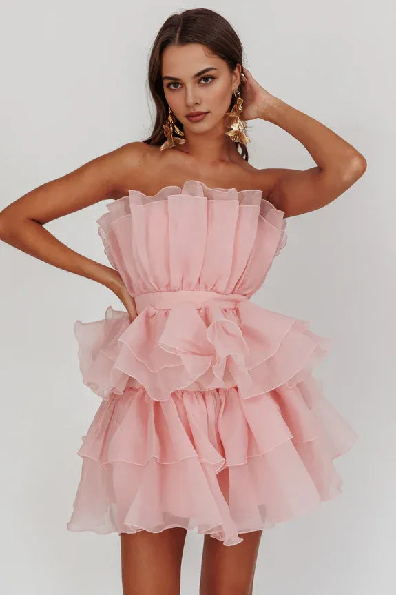 Pretty Strapless Ruffle Tiered Organza Blush Mini Homecoming Dress Hot Sale