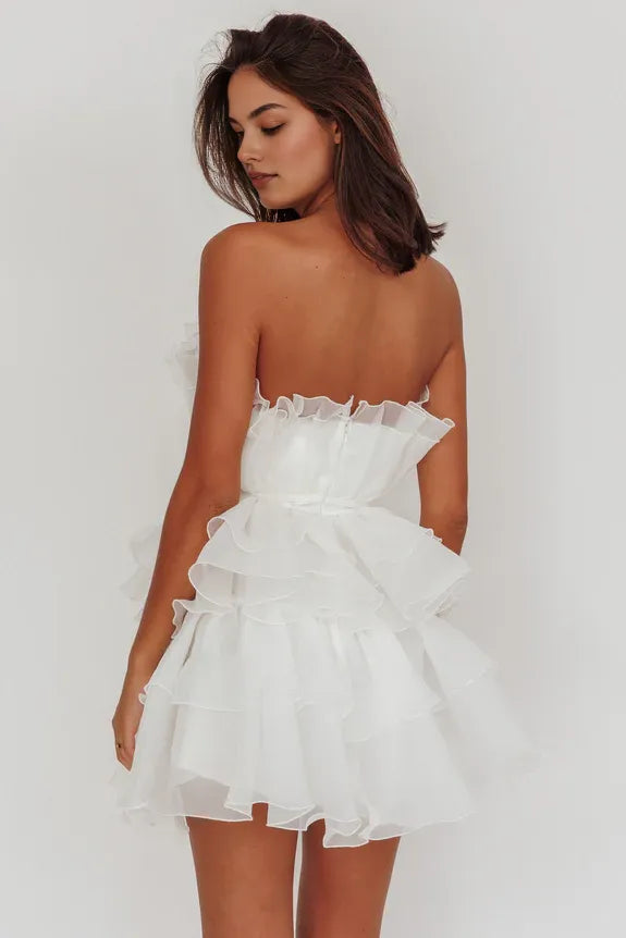 Pretty Strapless Ruffle Tiered Organza White Mini Homecoming Dress Hot Sale