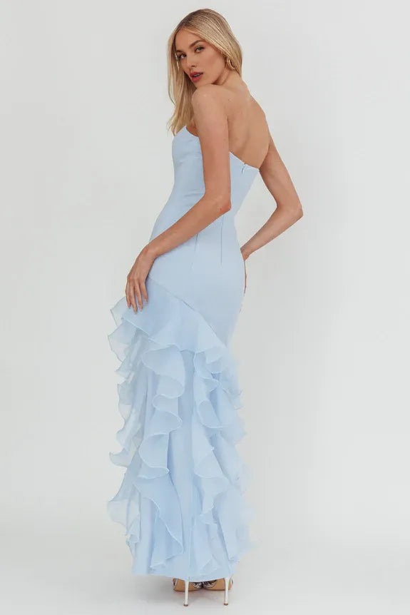 Pretty Strapless Sleeveless Organza Trim Blue Maxi Evening Dress Prom Dress