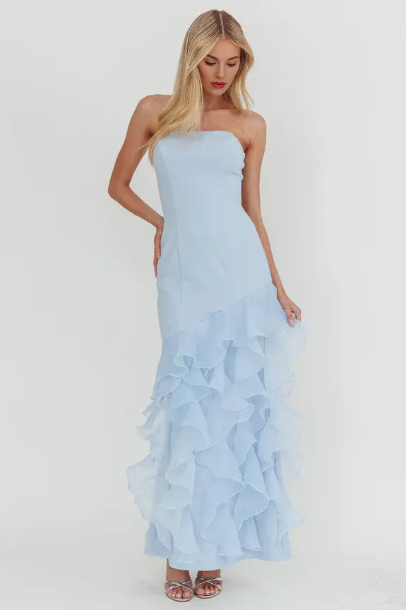 Pretty Strapless Sleeveless Organza Trim Blue Maxi Evening Dress Prom Dress