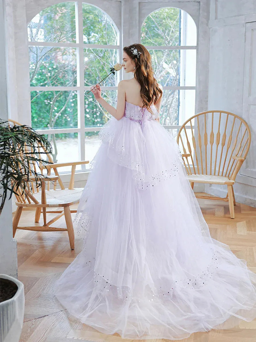 Pretty Strapless Sleeveless Tiered Sequins Tulle Lavender Long Prom Dress With Train