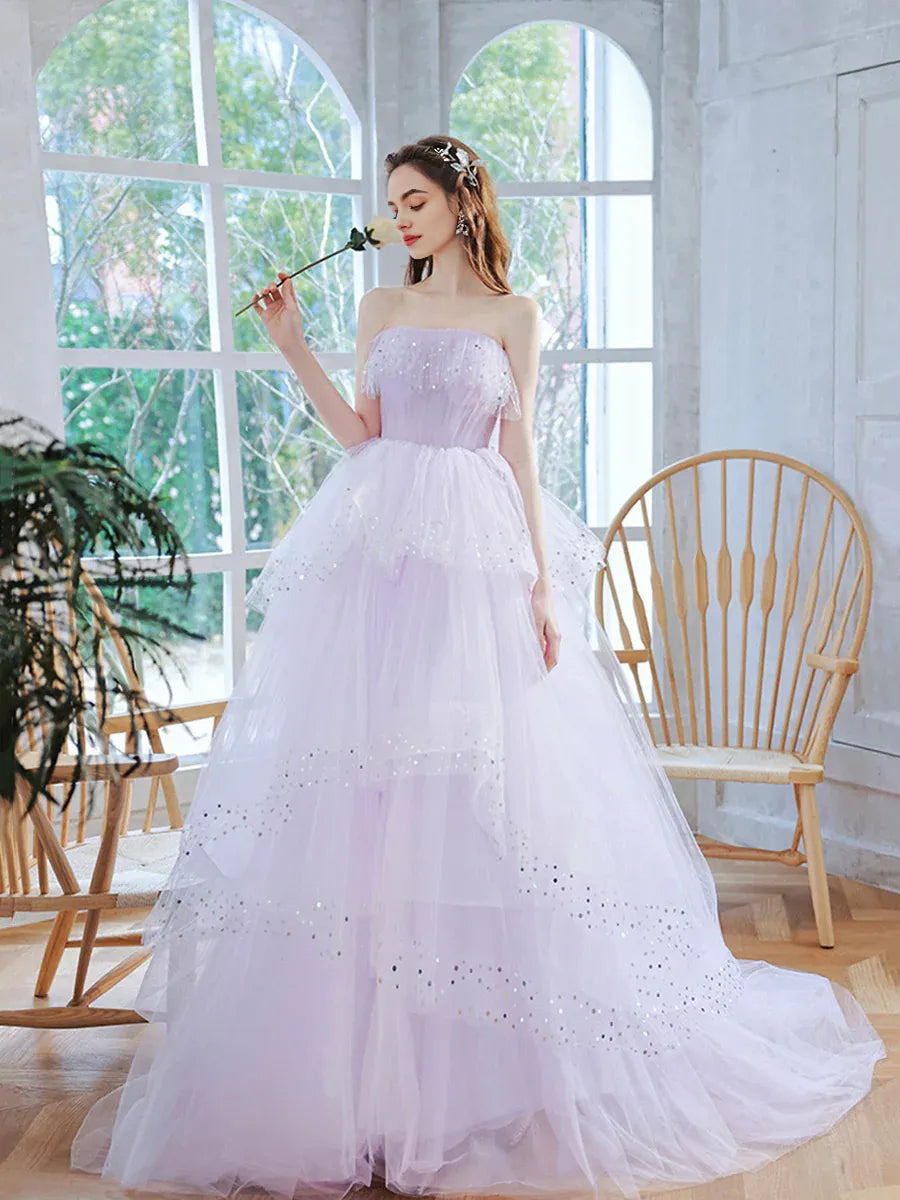 Pretty Strapless Sleeveless Tiered Sequins Tulle Lavender Long Prom Dress With Train