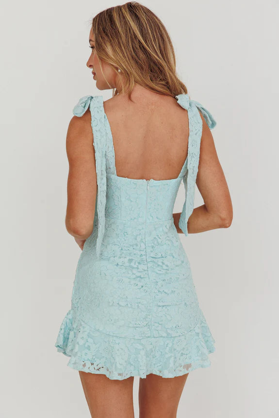 Pretty Tied Shoulder Ruffle Pleated Lace Baby Blue Mini Homecoming Dress