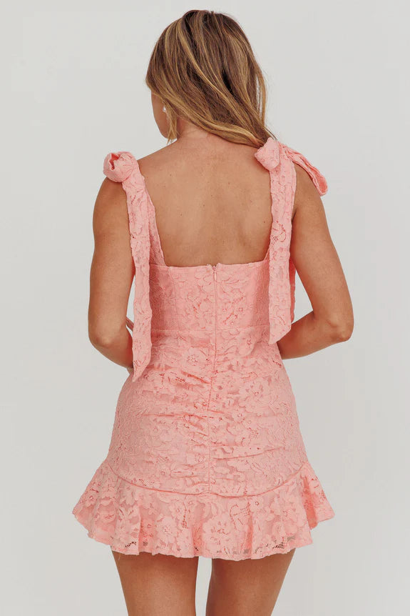Pretty Tied Shoulder Ruffle Pleated Lace Blush Mini Homecoming Dress