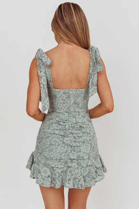 Pretty Tied Shoulder Ruffle Pleated Lace Sage Mini Homecoming Dress