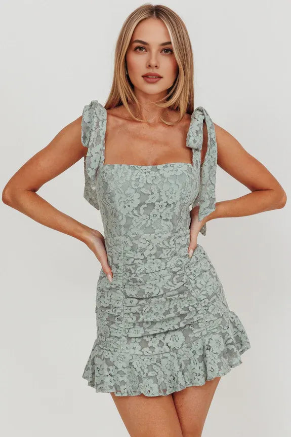 Pretty Tied Shoulder Ruffle Pleated Lace Sage Mini Homecoming Dress
