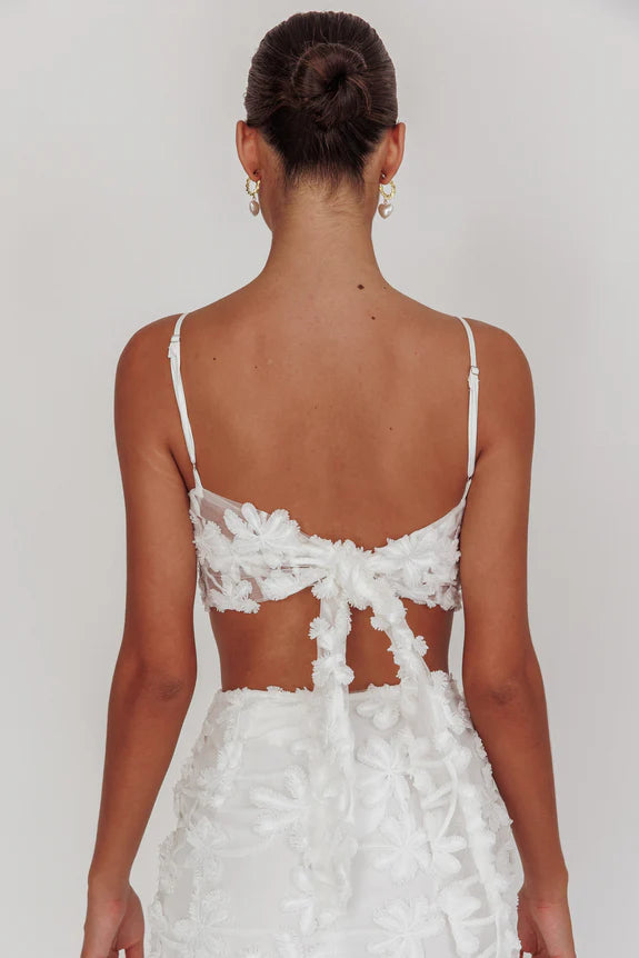 Pretty Two Piece Tie Back Palm Tree Embroidered White Evening Gown