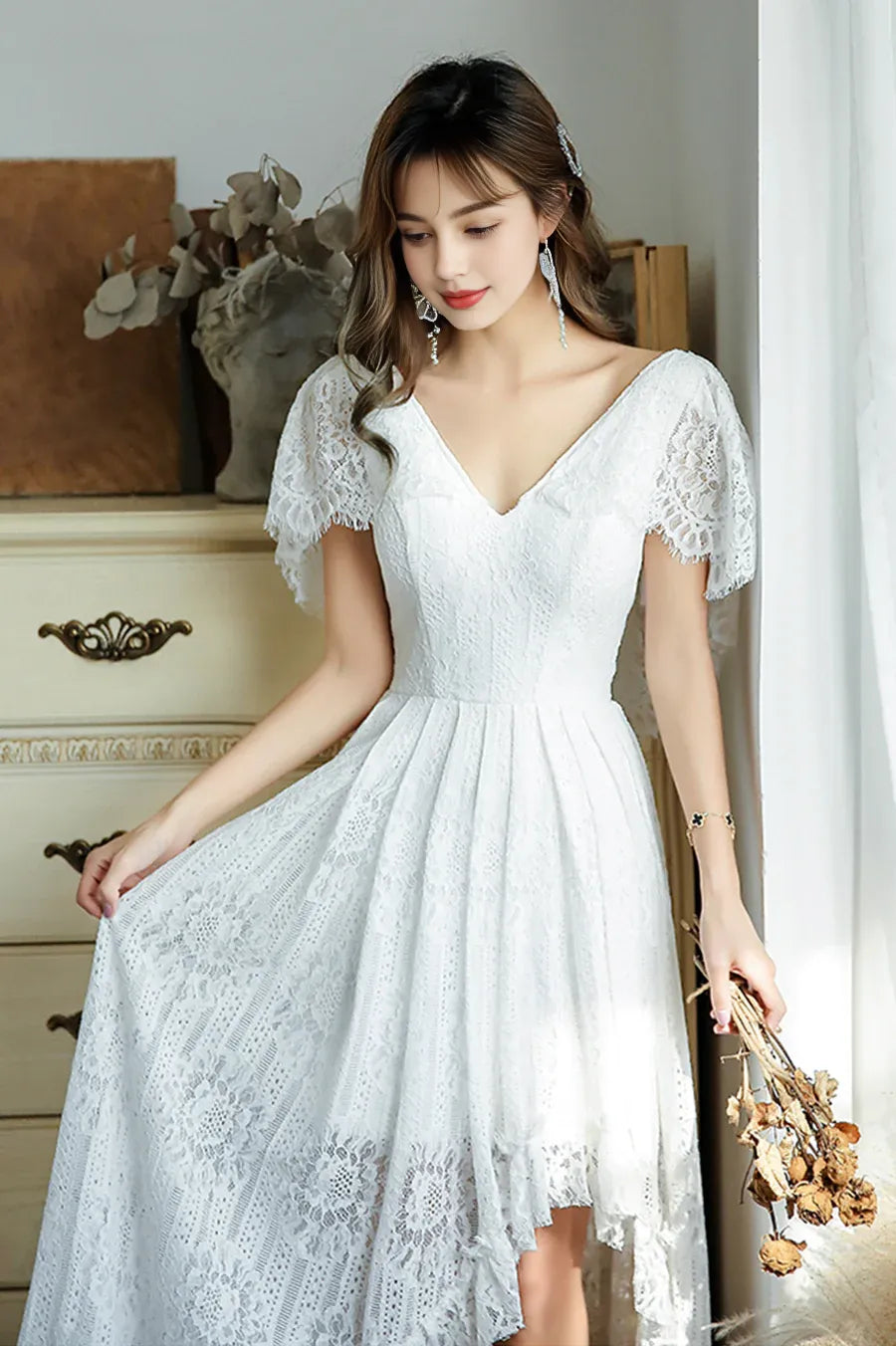 Pretty V-Neck Cap Sleeves High Low Lace White Floor Length Prom Dress