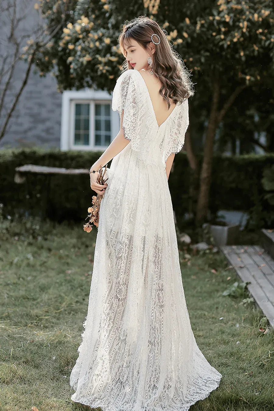 Pretty V-Neck Cap Sleeves High Low Lace White Floor Length Prom Dress