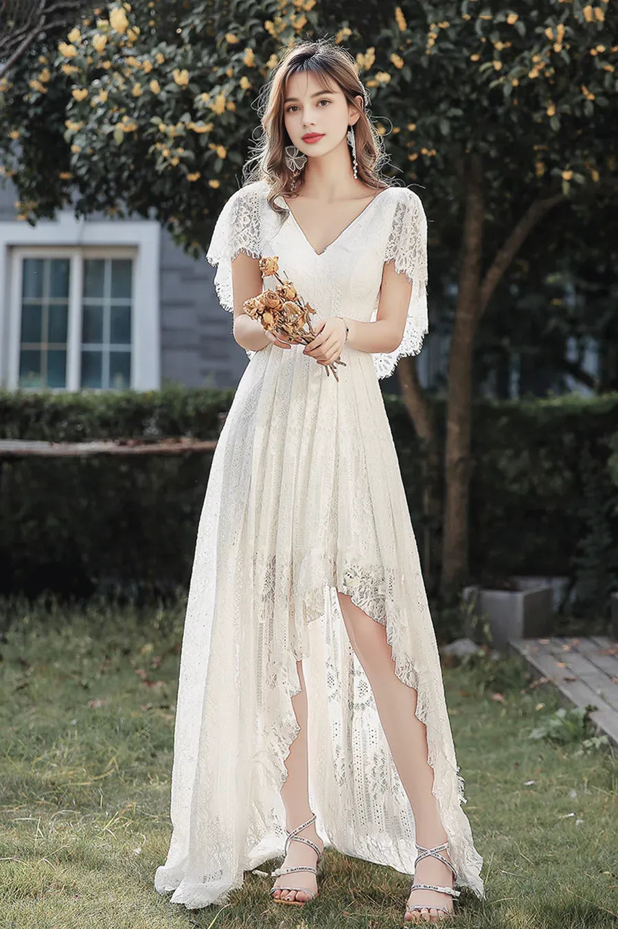 Pretty V-Neck Cap Sleeves High Low Lace White Floor Length Prom Dress
