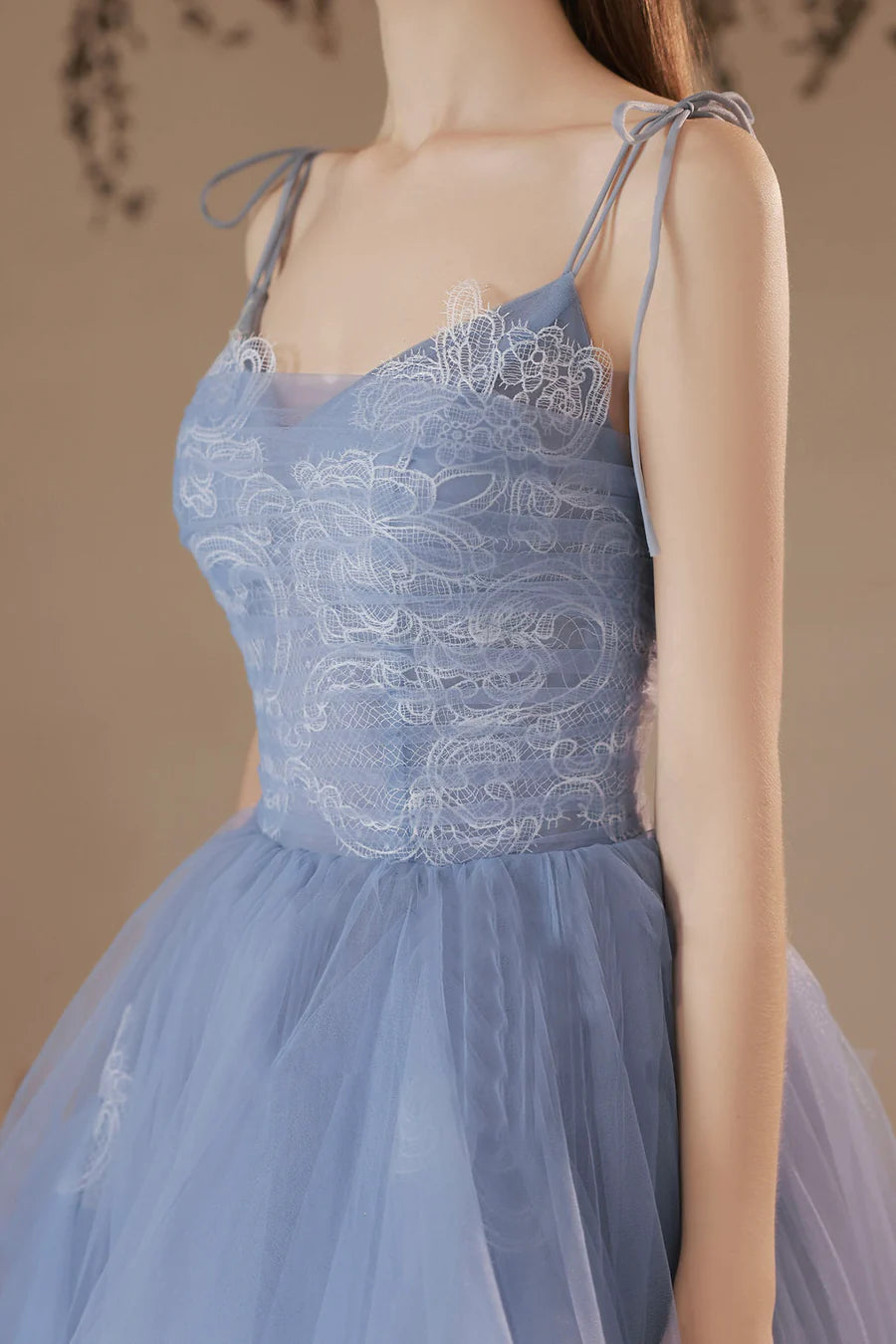 Pretty V-Neck Spaghetti Straps Tulle Floral Lace Blue Long Prom Dress Homecoming Dress