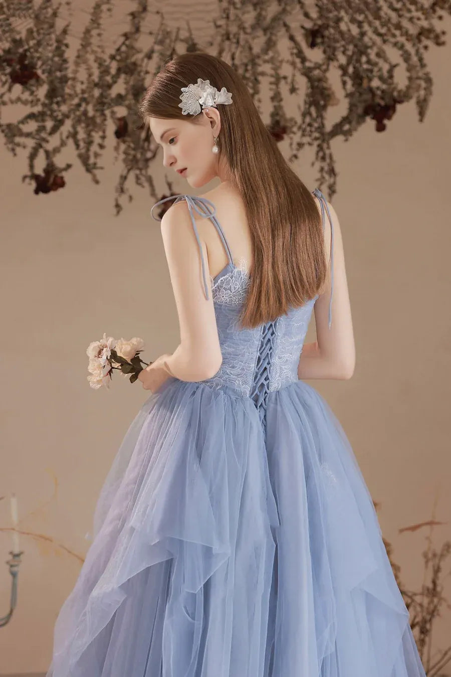 Pretty V-Neck Spaghetti Straps Tulle Floral Lace Blue Long Prom Dress Homecoming Dress