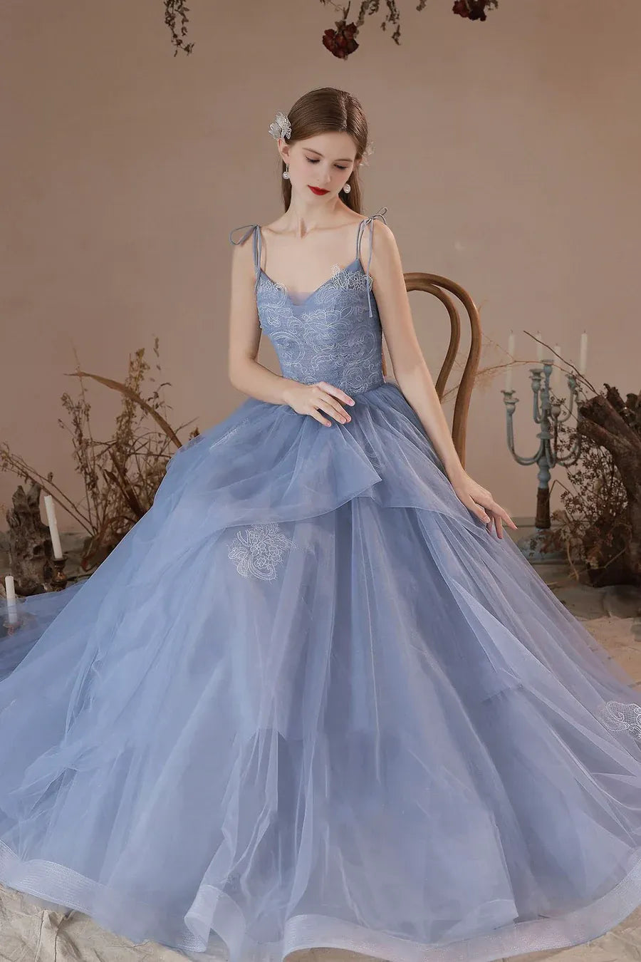 Pretty V-Neck Spaghetti Straps Tulle Floral Lace Blue Long Prom Dress Homecoming Dress