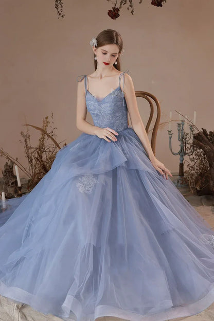 Pretty V-Neck Spaghetti Straps Tulle Floral Lace Blue Long Prom Dress Homecoming Dress