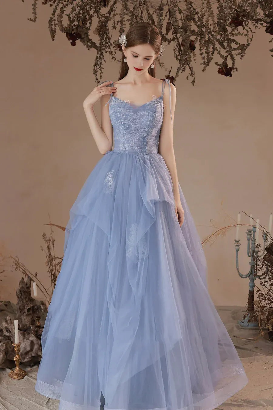 Pretty V-Neck Spaghetti Straps Tulle Floral Lace Blue Long Prom Dress Homecoming Dress