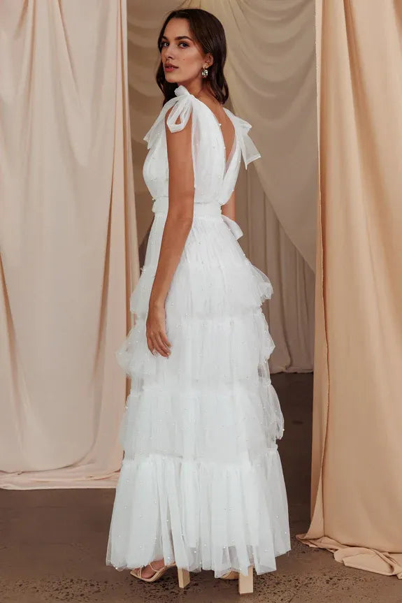 Pretty V Neck Bow Shoulder Pearl White Maxi Evening Dress Prom Dress