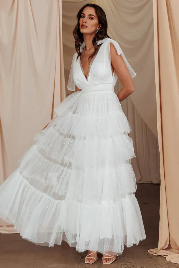 Pretty V Neck Bow Shoulder Pearl White Maxi Evening Dress Prom Dress