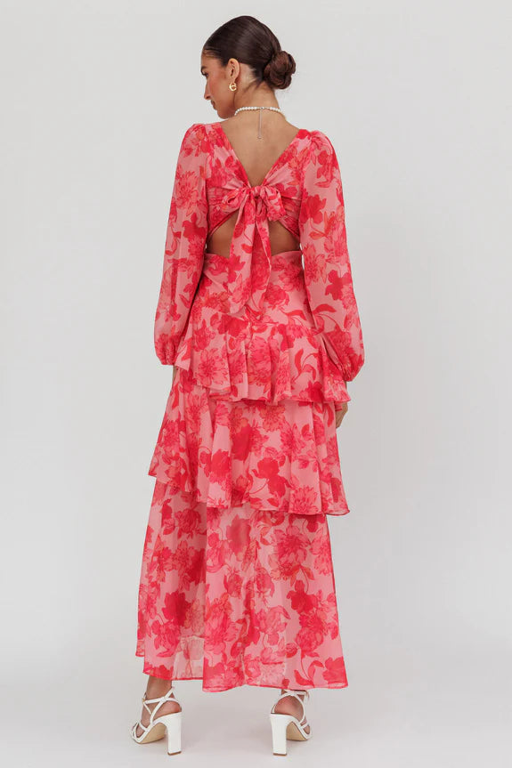 Pretty V Neck Long Sleeve Floral Tiered Ruffle Pink Maxi Evening Dress
