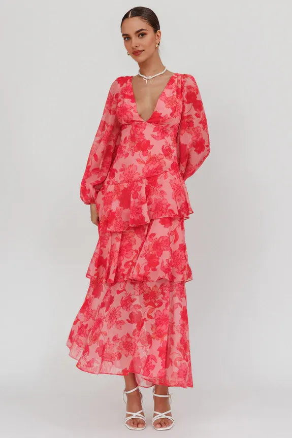 Pretty V Neck Long Sleeve Floral Tiered Ruffle Pink Maxi Evening Dress